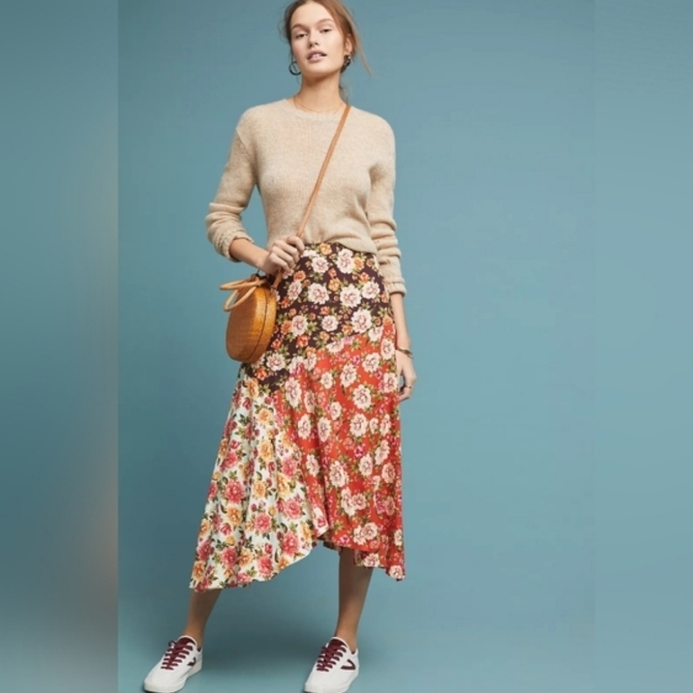 Farm Rio Anthropologie Skirt Women's XS Patchwork Skirt Floral Boho Cottage